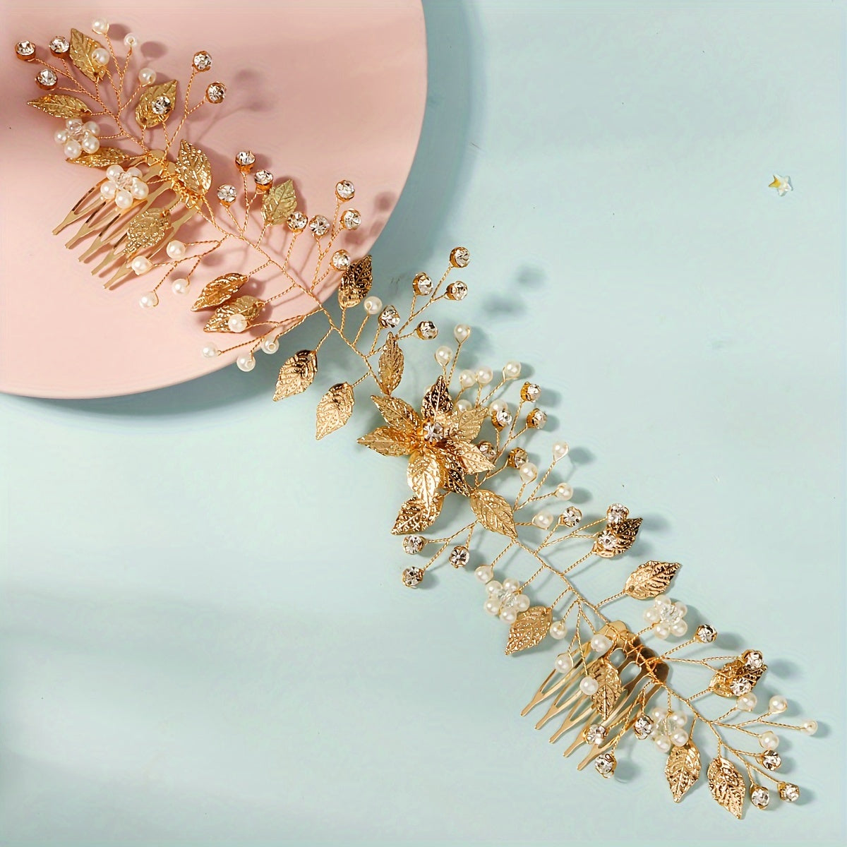Vintage Forest Style Leaf Hair Comb with Pearl and Rhinestone for Photography