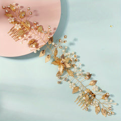 Vintage Forest Style Leaf Hair Comb with Pearl and Rhinestone for Photography
