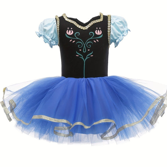 Girls Floral Embroidery Tulle Tutu Mesh Puff Sleeve Princess Ballet Dance Dress