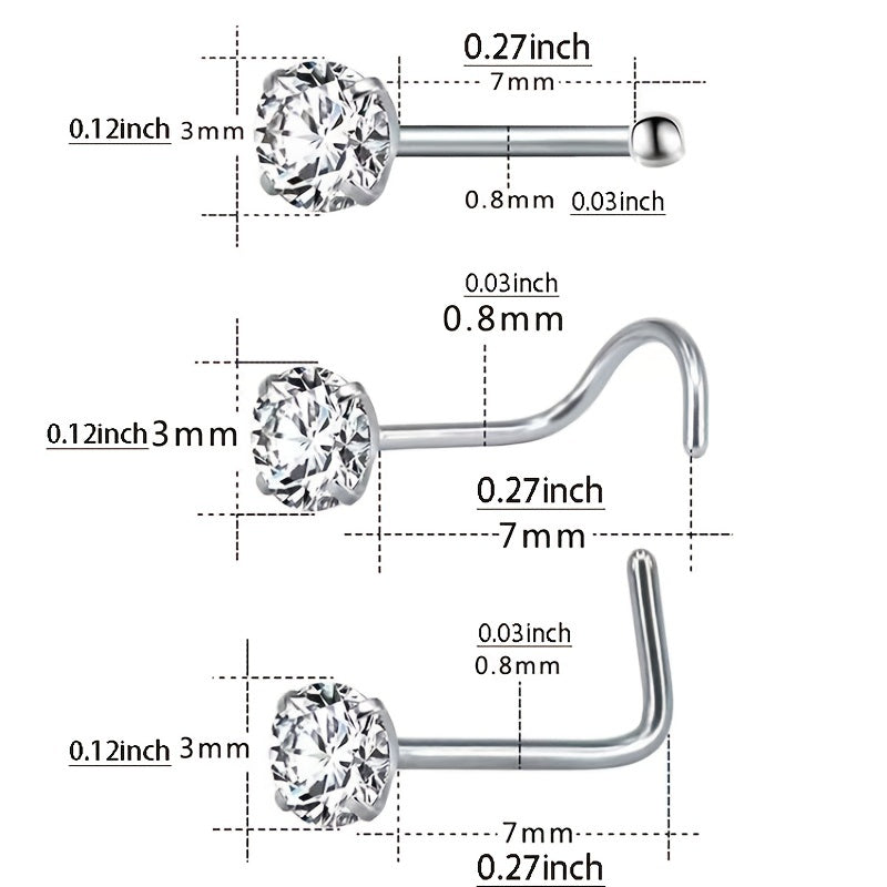 3 Pcs Heart Star Round Zircon Nose Rings Set Stainless Steel Cartilage Stud