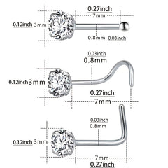 3 Pcs Heart Star Round Zircon Nose Rings Set Stainless Steel Cartilage Stud