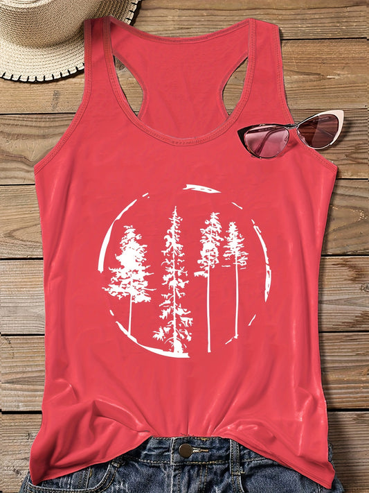  Tree Print Round Neck Vest Top Women's Plus