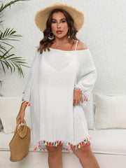  Fringe Trim Semi Sheer Back Cut Out Beach Dress