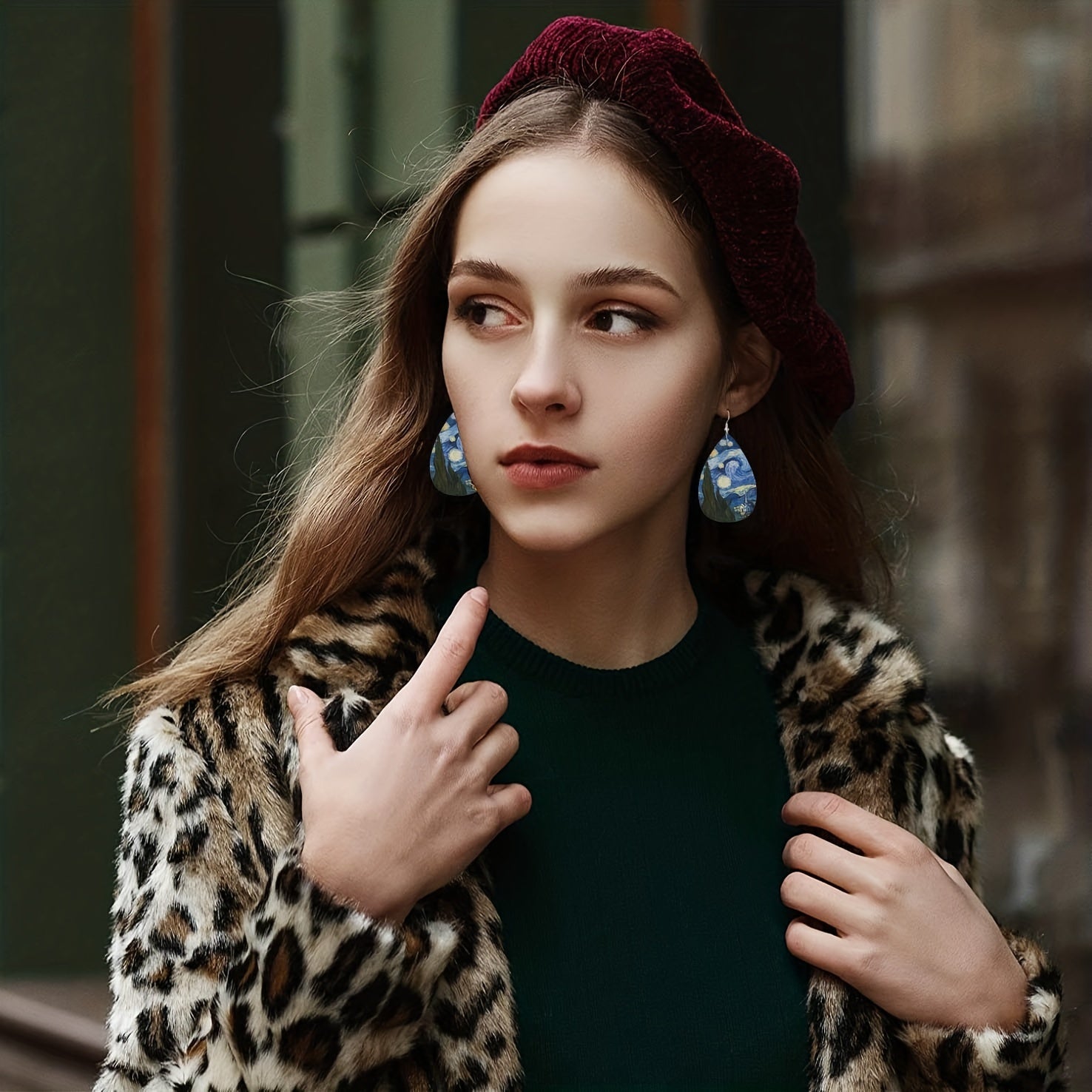 Van Gogh Teardrop Dangle Earrings PU Leather Ethnic Style