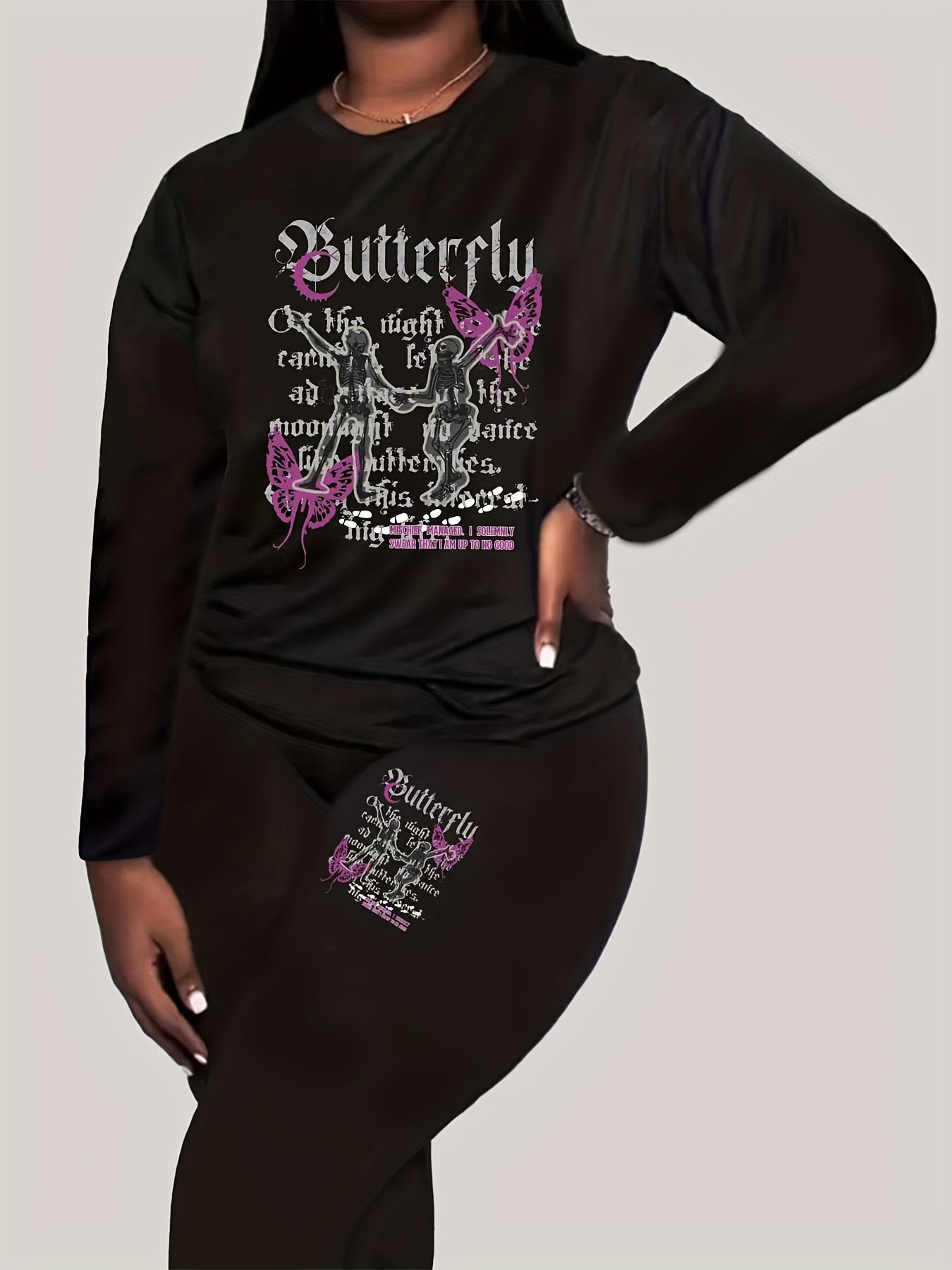 Women's Plus Size Dancing Skull & Butterfly Top & Leggings Set