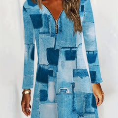  Denim Print Half Zipper Long Sleeve A-line Dress