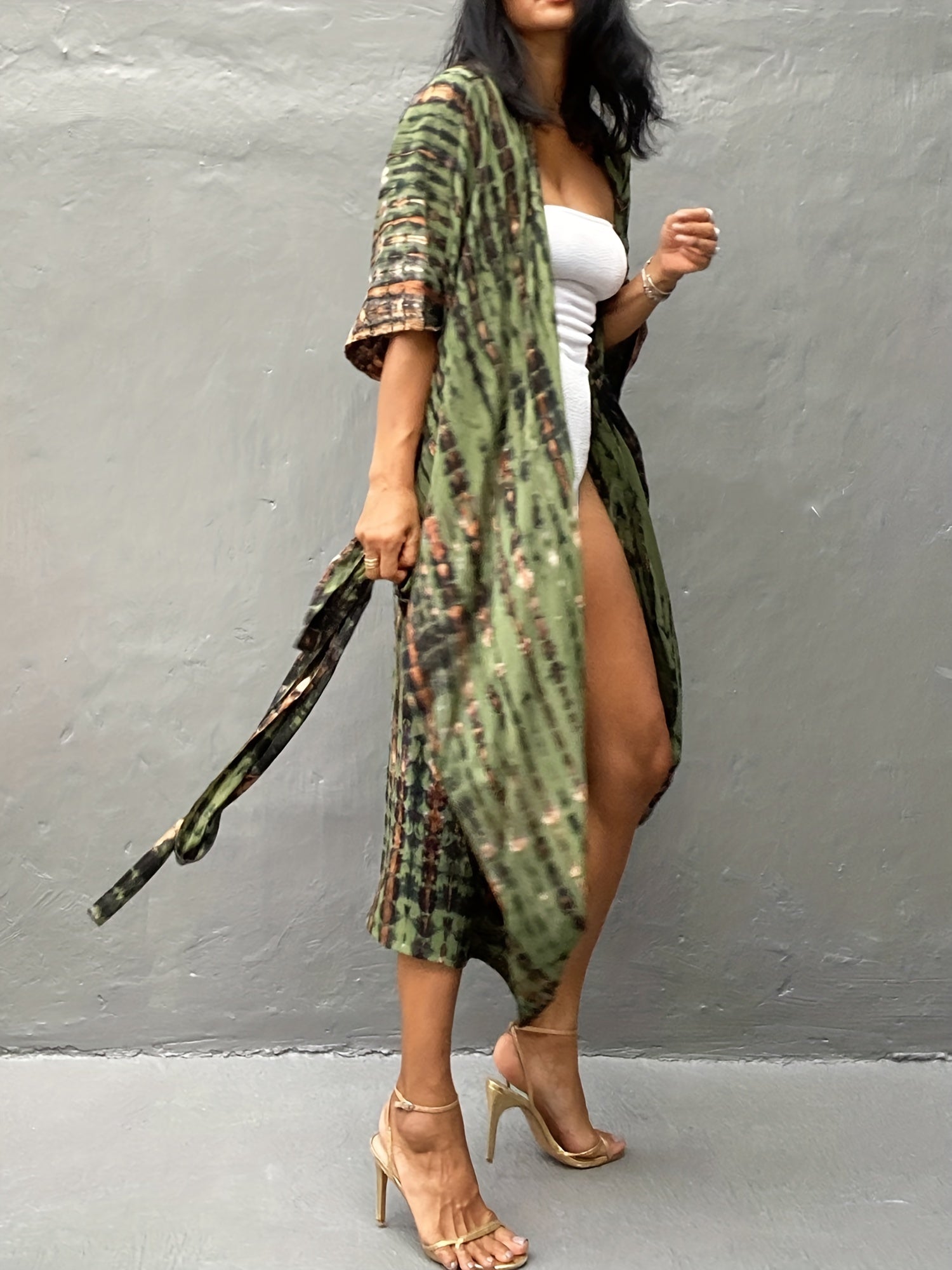 Boho Kimono Tie Dye Stripe Print Batwing Sleeve Cover Up