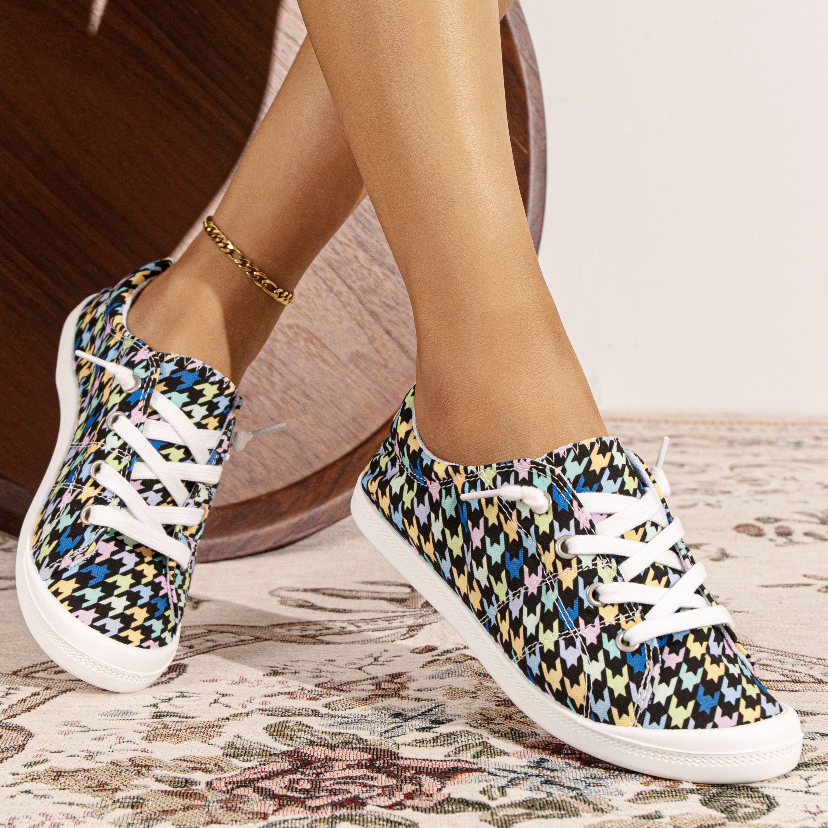 Women's Colored Houndstooth Canvas Shoes Lace Up Flat Sneakers