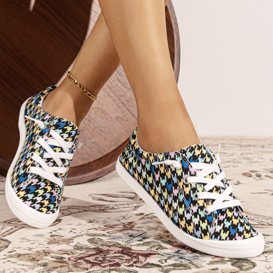 Women's Colored Houndstooth Canvas Shoes Lace Up Flat Sneakers
