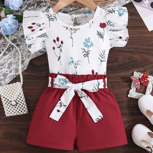 Girls Ruffled Sleeve Flower T-Shirt & Belted Shorts Set Summer Clothes