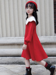Girls Comfy Cotton Dress Lantern Sleeve Collar Dress Spring Fall Winter