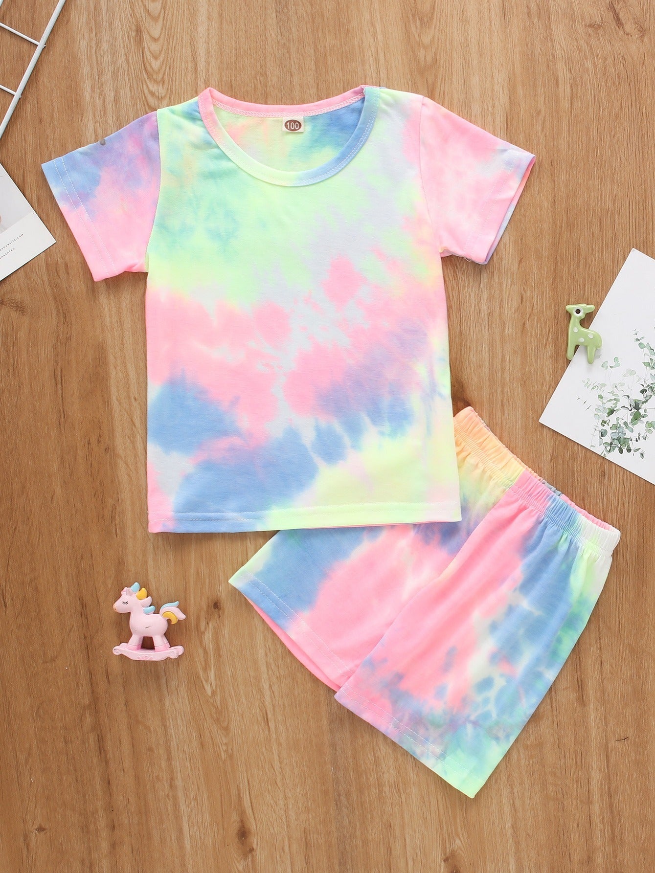 2pcs Baby Rainbow Tie Dye Shirt Top & Shorts Set