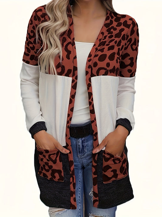  Leopard Print Open Front Cardigan with Pockets