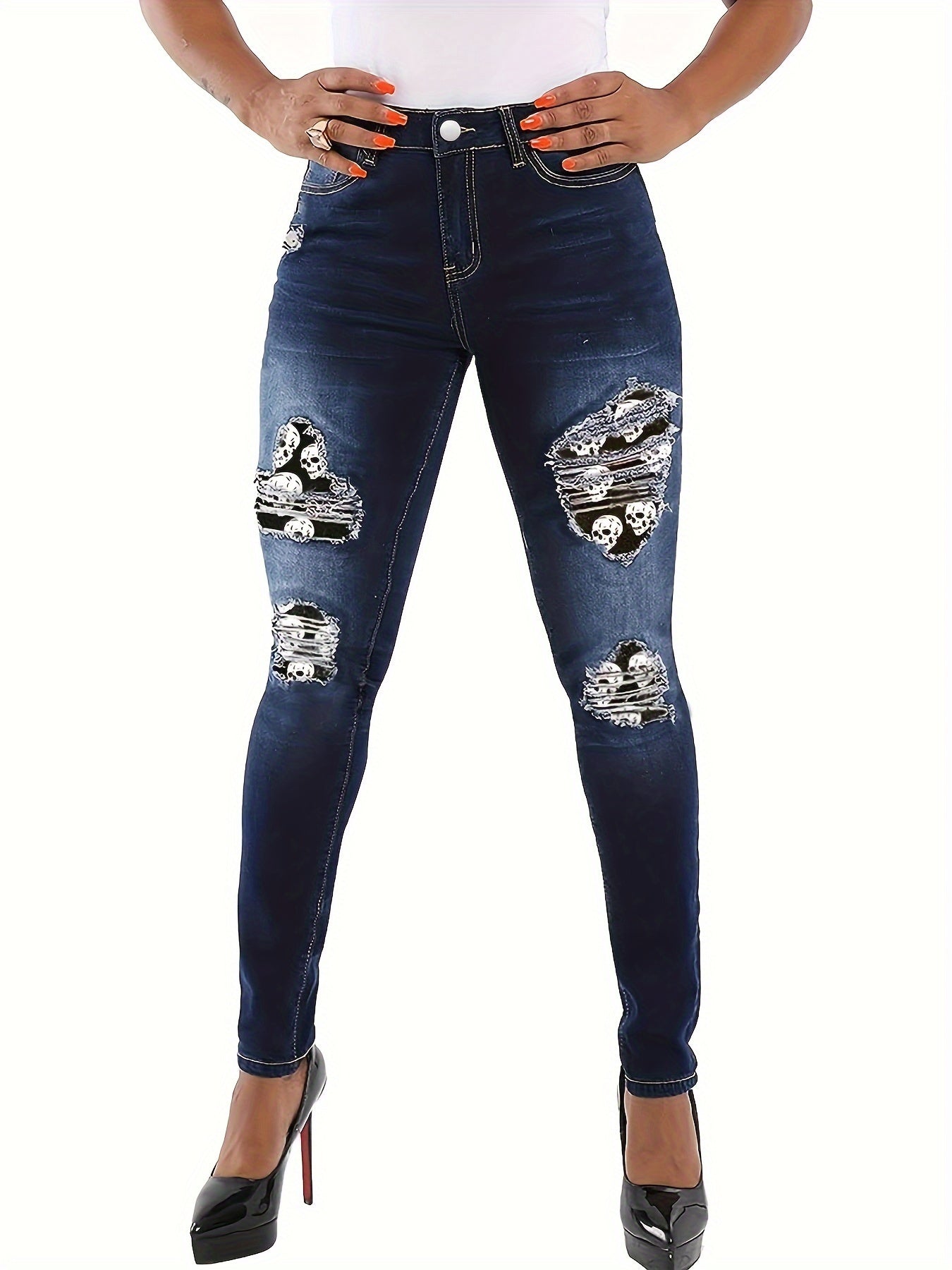 Women's Plus Size Skull Print Ripped Skinny Jeans