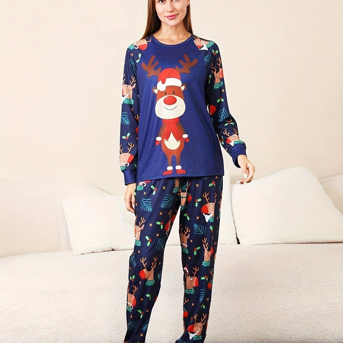 Christmas Deer Print Pajama Set Long Sleeve Round Neck Top & Lounge Pants