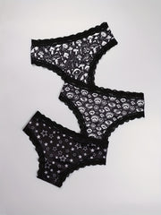 3pcs Mushroom & Star Print Hipster Panties Comfy Lace Trim