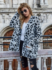  Leopard Print Open Front Cardigan With Pockets