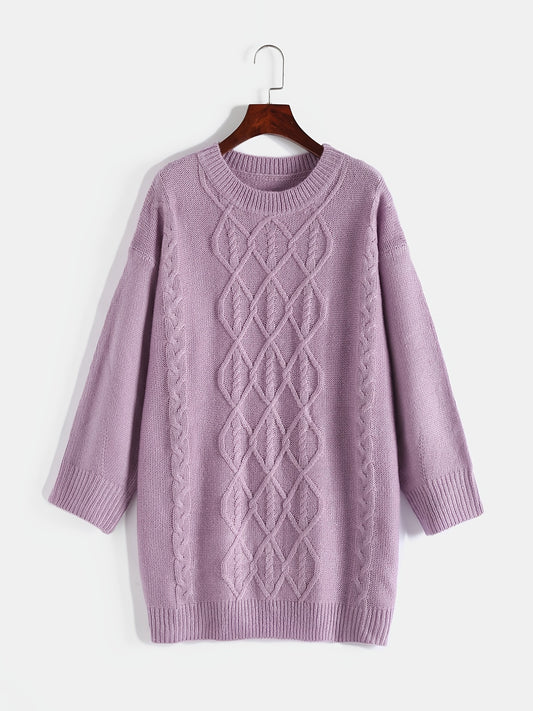 Solid Jacquard Round Neck Sweater Plus Size Women's Long Sleeve Pullover