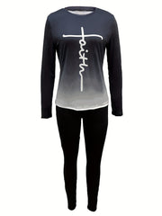 Gradient Faith Print Two Piece Set Workout Outfits