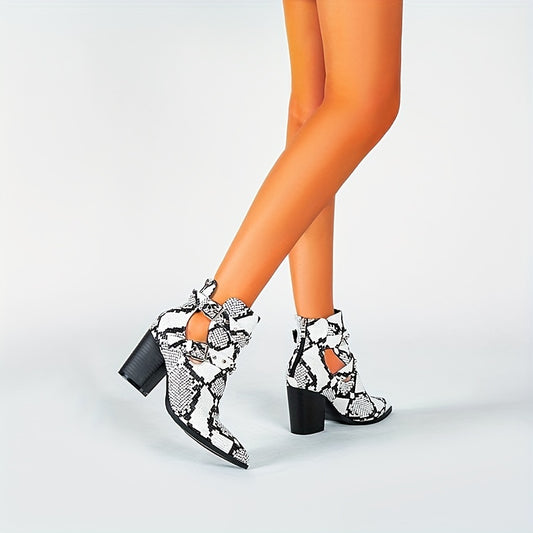 Snakeskin Ankle Boots Point Toe Back Zip Buckle Chunky Heel Shoes