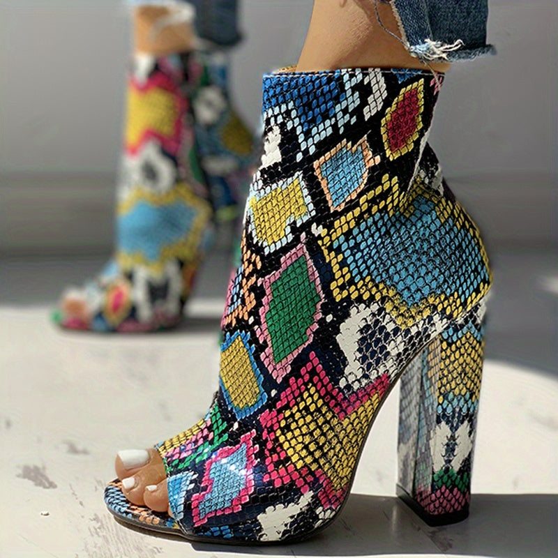 Multicolor Snakeskin Pattern Peep Toe Ankle Boots