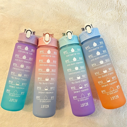 32oz Gradient Water Bottle w/ Time Scale & Straw, Leakproof, Sports & Fitness