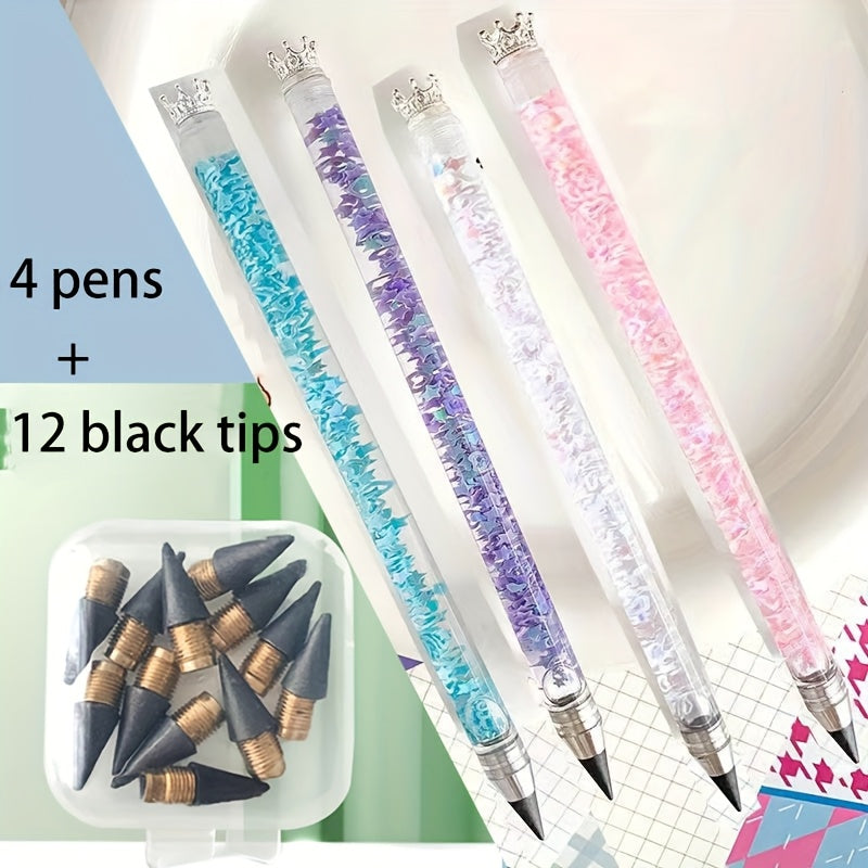 12pcs Inkless Eternal Pencils w/ Sequin, Var. Colors, School & Office Writing