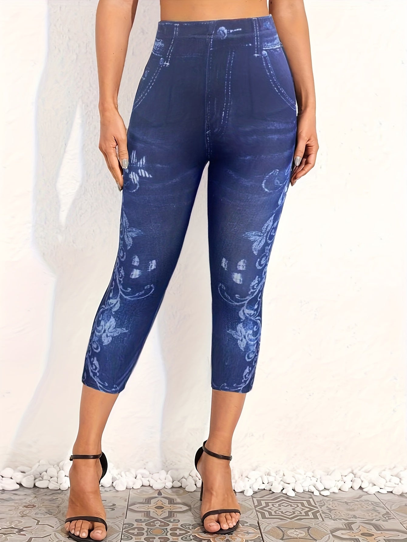 High Waist Denim Print Leggings for Women