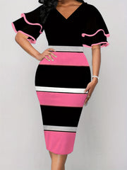  Colorblock Layered Sleeve V Neck Dress