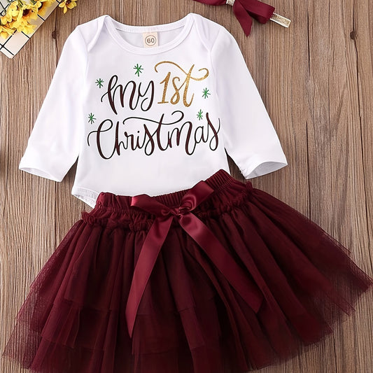 Baby First Christmas Skirt Set Long Sleeve Romper Tutu Dress