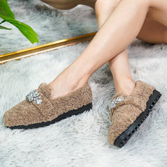 Women's Plush Lined Rhinestone Flats Square Toe Slip On Shoes