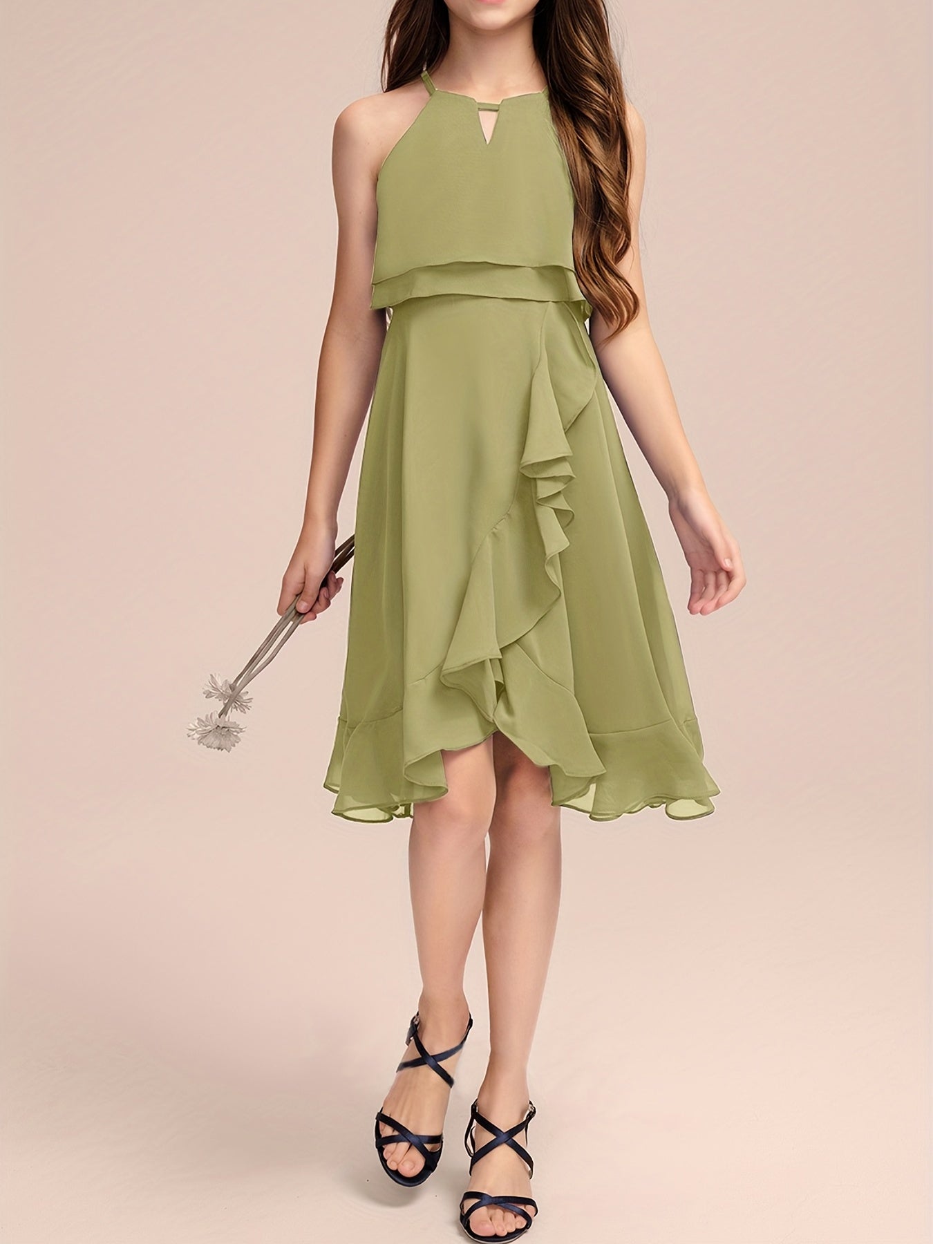 Girls Asymmetrical Ruffle Trim Cami Bridesmaid Dress