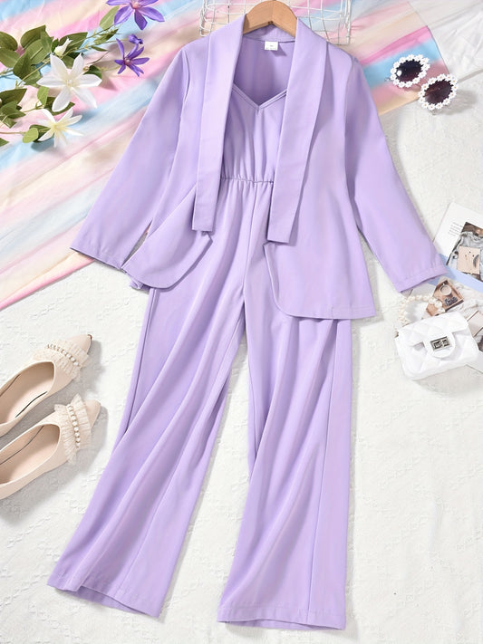 Girl's 2pcs Long Sleeve Blazer & Cami Overalls Set Solid Casual Outfits