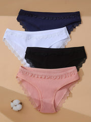 4pcs Womens Seamless Panties Lace Trim Cotton Briefs