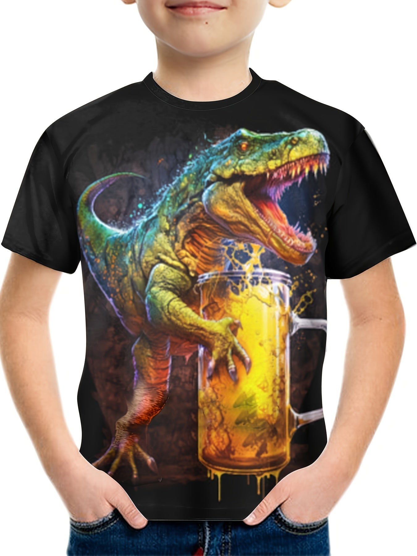 Dino Beer 3D Print Boy's T Shirt Casual Short Sleeve Top