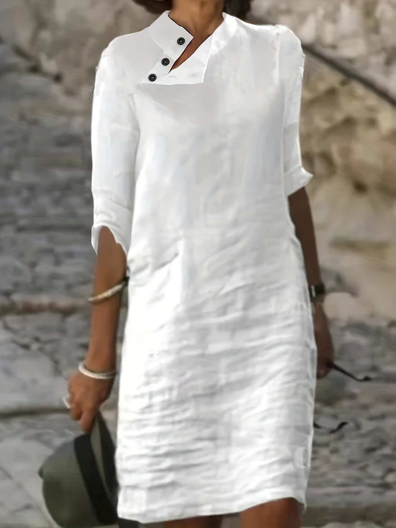  Solid Button Up Half Sleeve Dress with Stand Collar