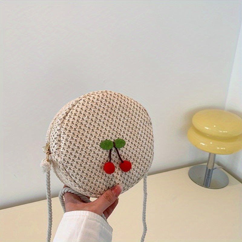 Straw Cherry Mini Shoulder Bag Zipper Round Crossbody Bag