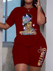 Blessed Girl Print 2 Pieces Set Crew Neck Short Sleeve T-shirt & Bodycon Shorts