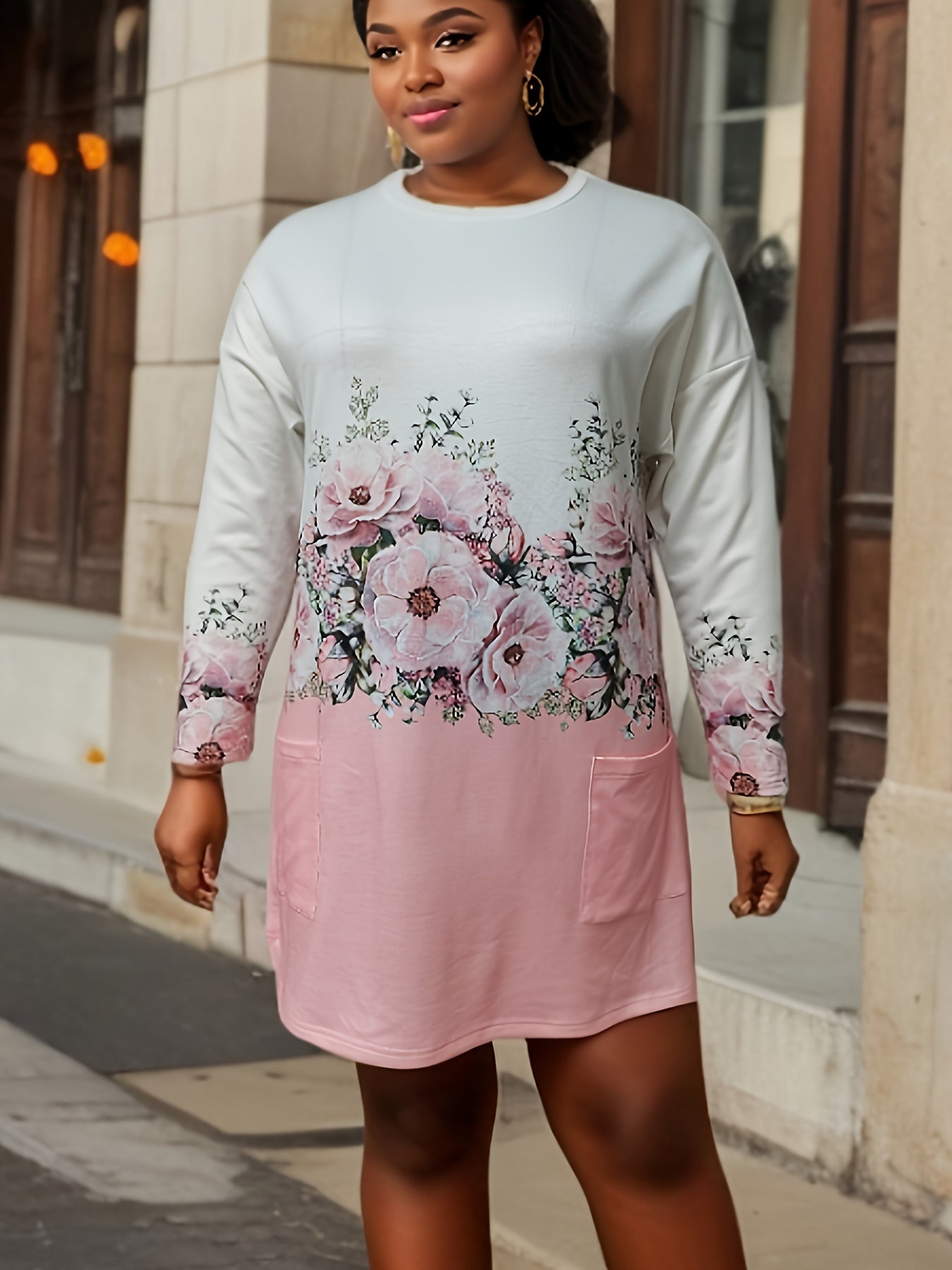 Plus Floral Print Long Sleeve Tee Dress with Pockets
