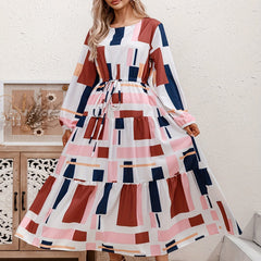  Colorblock Geometric Print Maxi Dress
