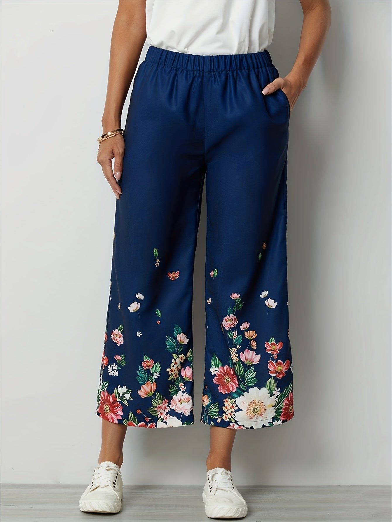  Floral Print Wide Leg Crop Trousers With Pockets