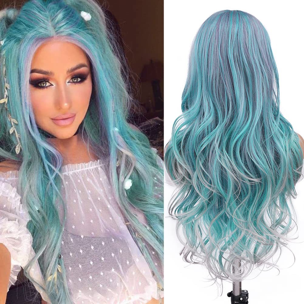 Colorful Long Wavy Wig Green Purple Middle Part Synthetic Hair for Halloween