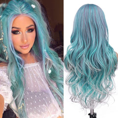 Colorful Long Wavy Wig Green Purple Middle Part Synthetic Hair for Halloween