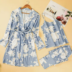 Floral Print Pajama Set Robe Top Pants Women's Sleepwear