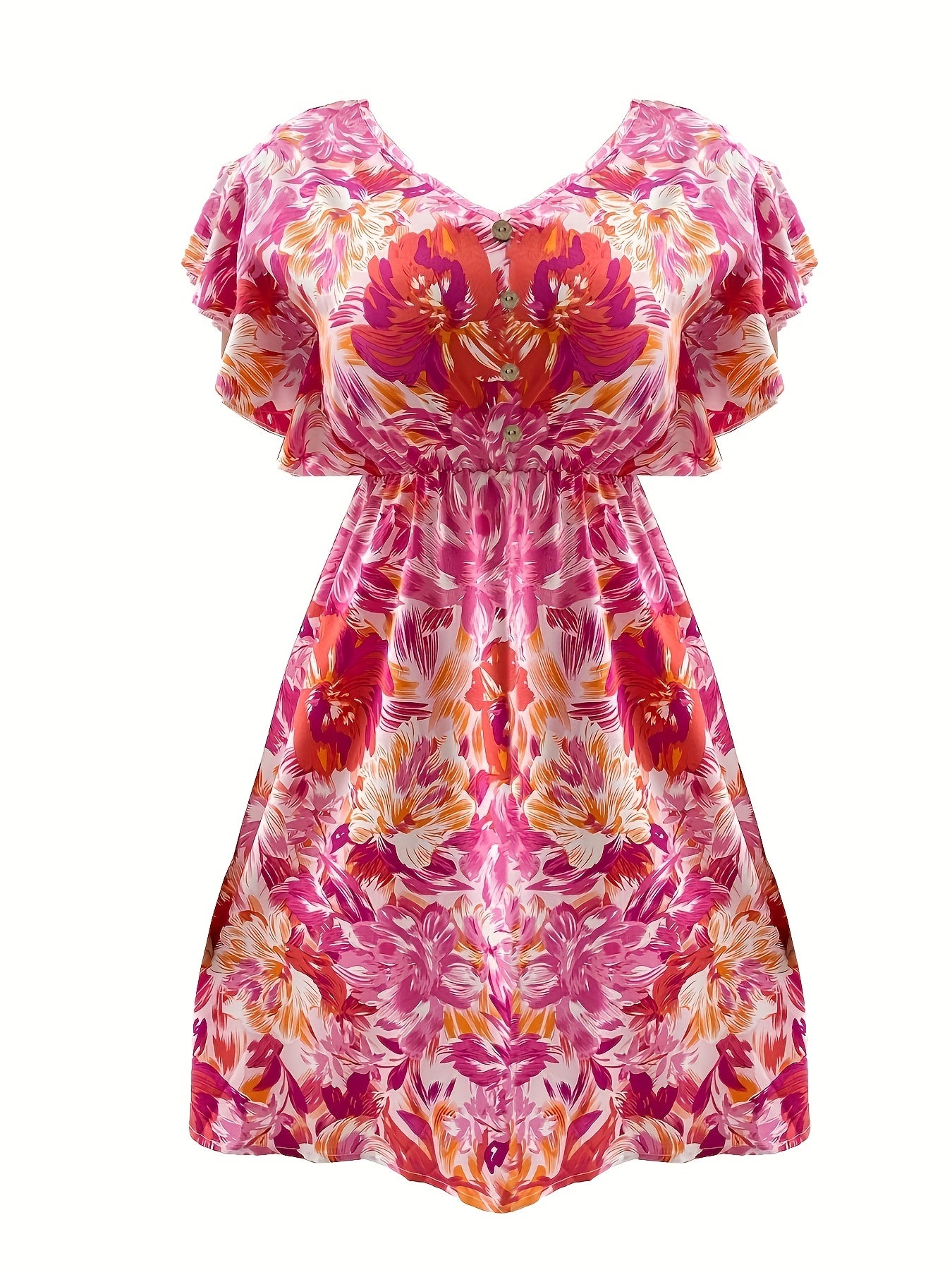  Floral Print Ruffle Sleeve V Neck Dress