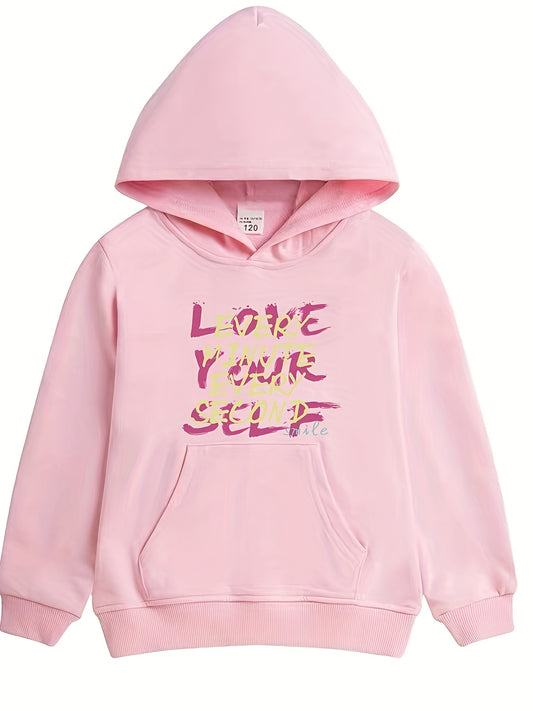 Girls 'Love Yourself' Print Hooded Sweatshirt - Long Sleeve Hoodie Pullover