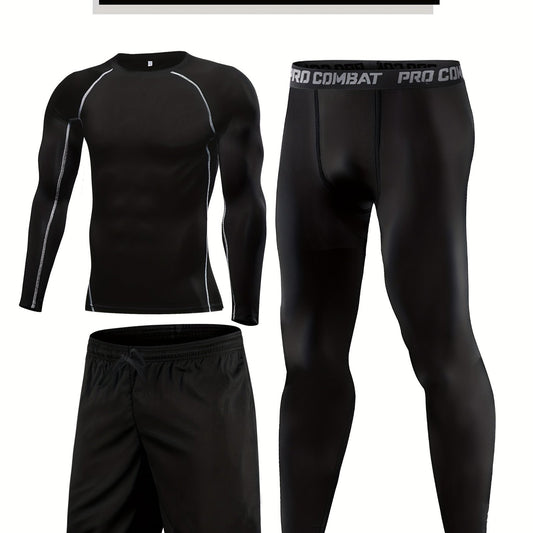 Men's 3pc Compression Suit Set Quick Dry Sweat Absorb Sports Fitness
