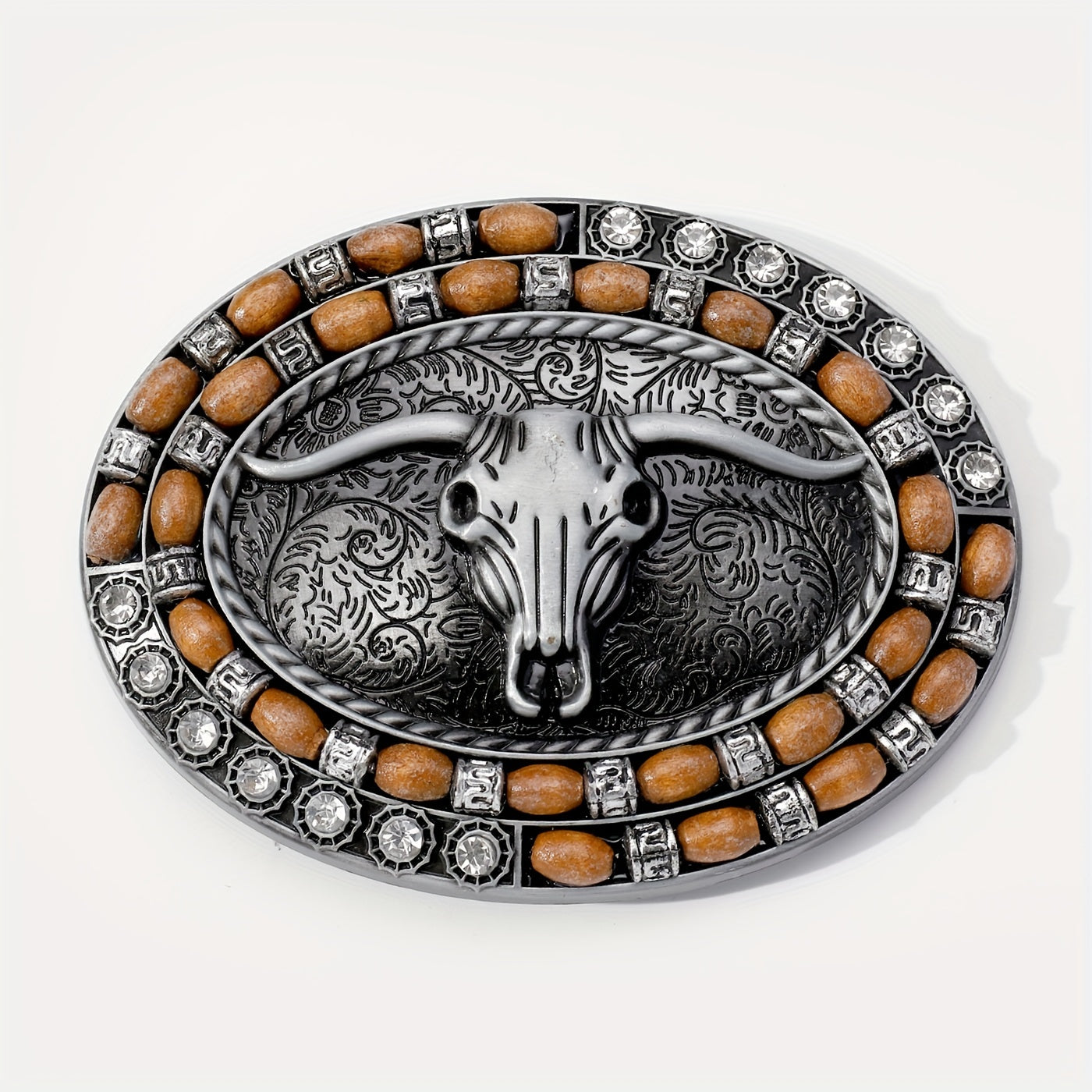 Boho Oval Belt Buckle Rhinestone Beads Inlaid Horn Bull Western Buckle