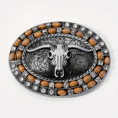 Boho Oval Belt Buckle Rhinestone Beads Inlaid Horn Bull Western Buckle