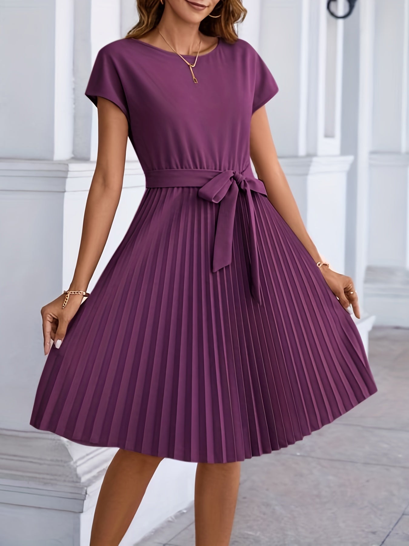 Pleated Tie Front Dress Short Sleeve Casual Solid Dress